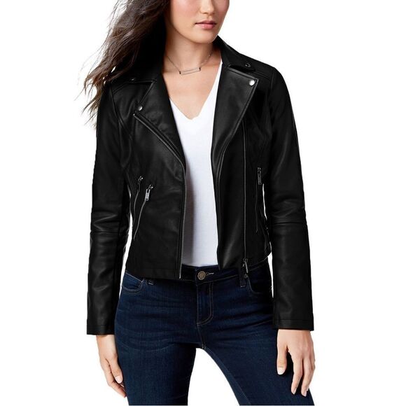 CoffeeShop Juniors Faux Leather Moto Jacket Asymmetrical Black Large NWT - Picture 1 of 9